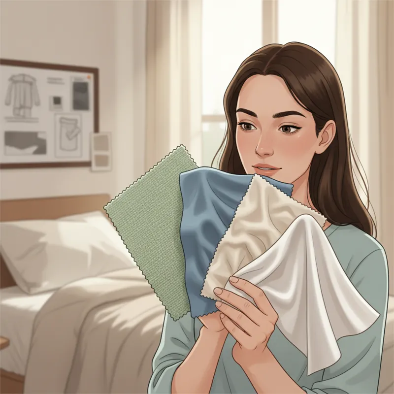 A person thoughtfully examining different fabric swatches (bamboo, Tencel, cotton, silk) with various textures, emphasizing material selection for a d
