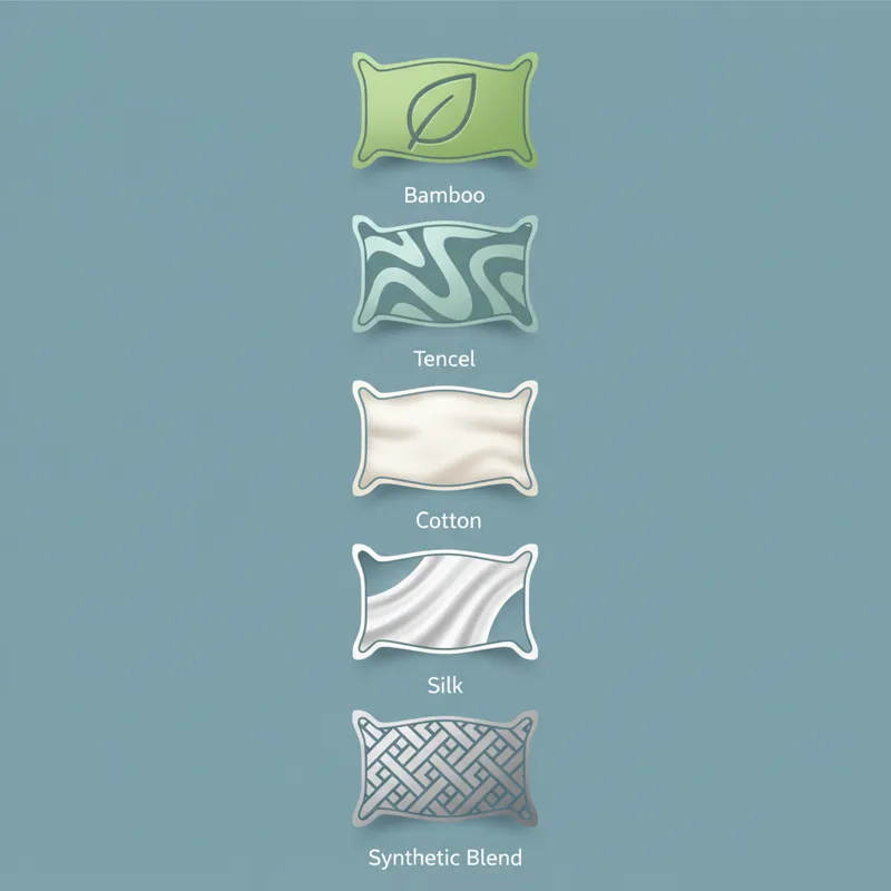 A sleek, modern graphic showcasing five different stylized duvet icons, each representing a unique cooling material like bamboo, Tencel, cotton, silk,