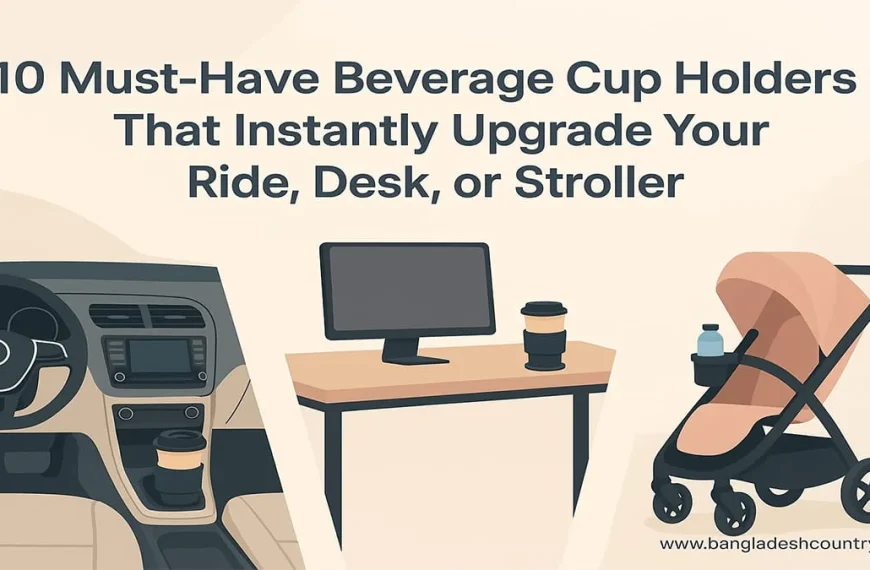 Illustration advertising '10 Must-Have Beverage Cup Holders That Instantly Upgrade Your Ride, Desk, or Stroller,' showing examples of cup holders in a car, on a desk, and attached to a stroller.