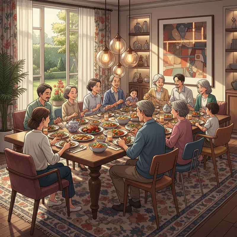 A warm, inviting image of a large dining table surrounded by a bustling family, diverse ages gathered around, with food and laughter, showcasing a mix