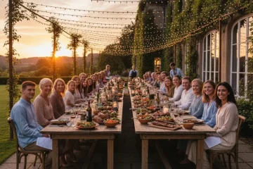 A long, solid wood dining table set for a large family meal, featuring multiple chairs and place settings, demonstrating ample space for extended family gatherings and entertaining.