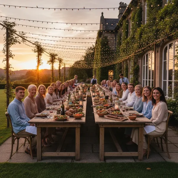 A long, solid wood dining table set for a large family meal, featuring multiple chairs and place settings, demonstrating ample space for extended family gatherings and entertaining.