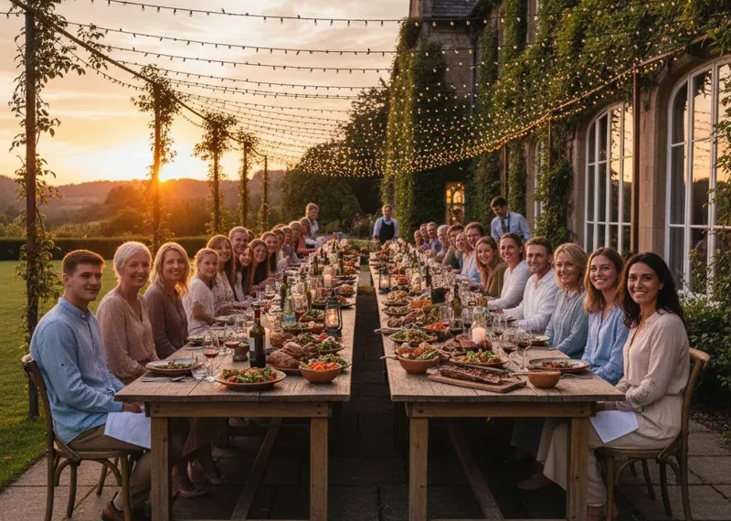 A long, solid wood dining table set for a large family meal, featuring multiple chairs and place settings, demonstrating ample space for extended family gatherings and entertaining.