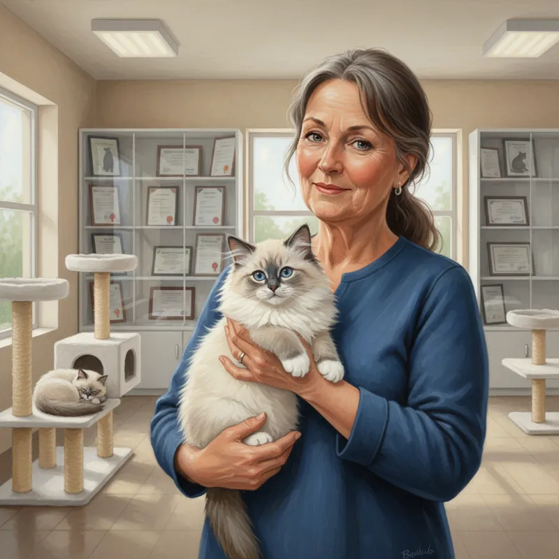 A knowledgeable Birman breeder gently holding a Birman kitten, surrounded by a clean, well-lit cattery environment, with health certificates visible i