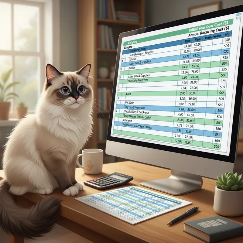 A detailed financial spreadsheet showing typical costs associated with cat ownership (initial purchase, food, vet, insurance), with a Birman cat looki