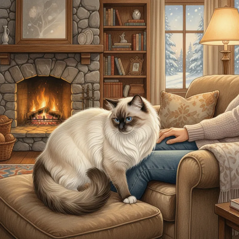 A Birman cat displaying typical affectionate behavior, perhaps rubbing against a person's leg or sitting calmly on a lap, in a cozy home setting.
