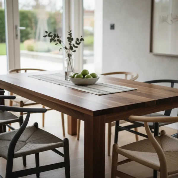 A modern rectangular dining table featuring a sleek black tabletop paired with a warm brown wooden base, elegantly set with contemporary dinnerware, glasses, and a decorative centerpiece.