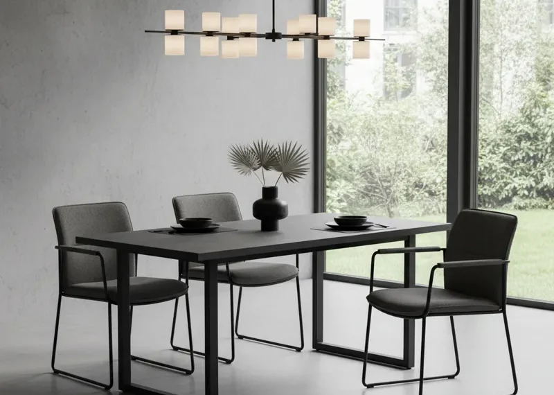 Modern black and gray dining set with a rectangular table and four upholstered chairs in a contemporary dining room.