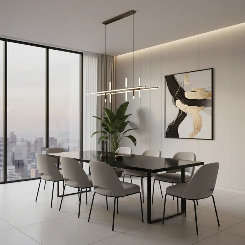 A stylish, modern dining room featuring a sleek black rectangular dining table for 8, with contrasting light gray upholstered chairs. A minimalist cha