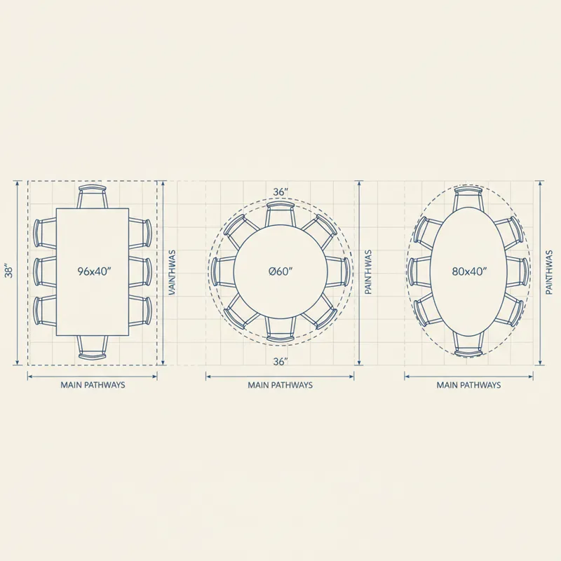 An overhead view of a dining room layout with different table shapes (rectangular, round, oval) for 8 people, showing the recommended clearance space
