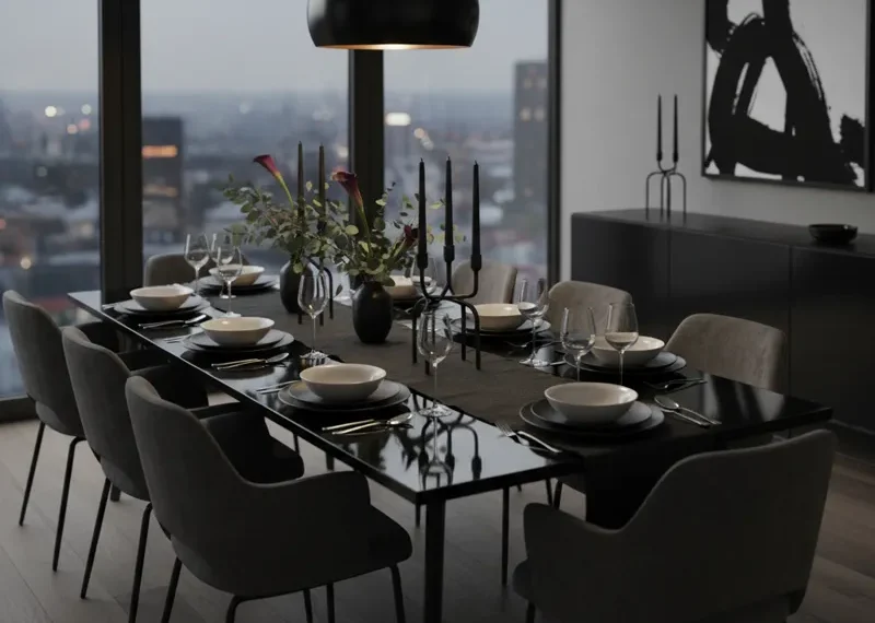 Modern black rectangular dining table with seating for 8 people, designed for contemporary dining spaces.
