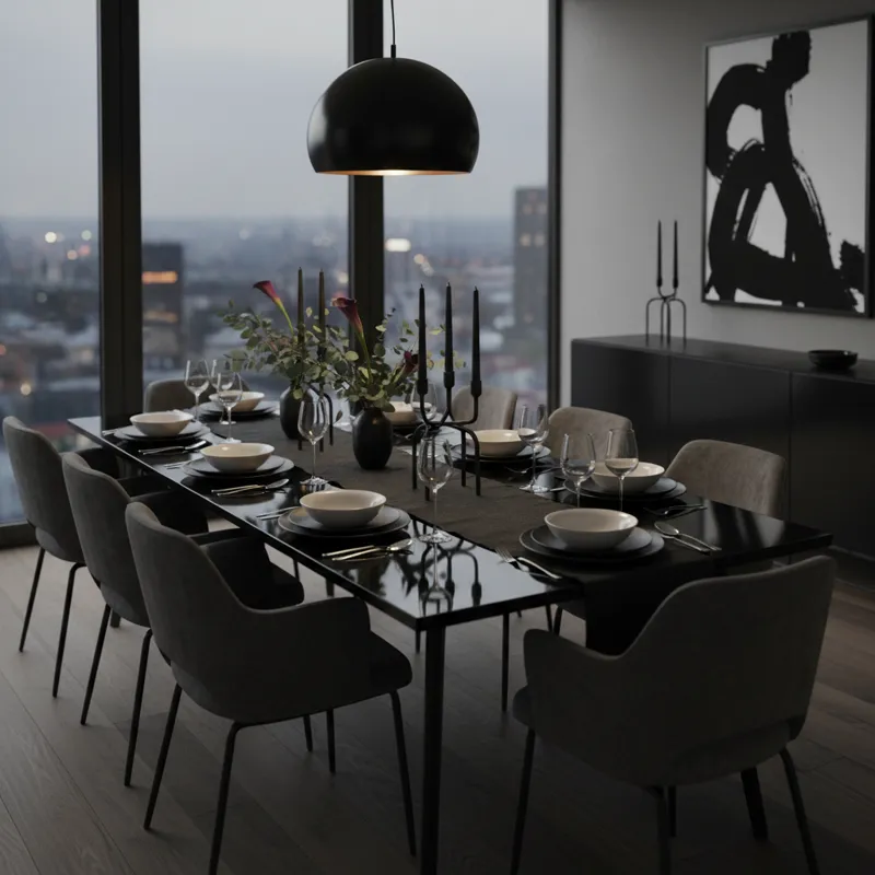 Modern black rectangular dining table with seating for 8 people, designed for contemporary dining spaces.