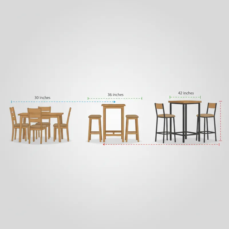 A visual comparison chart showing three tables of different heights: a standard dining table, a counter-height table, and a bar-height table, each wit