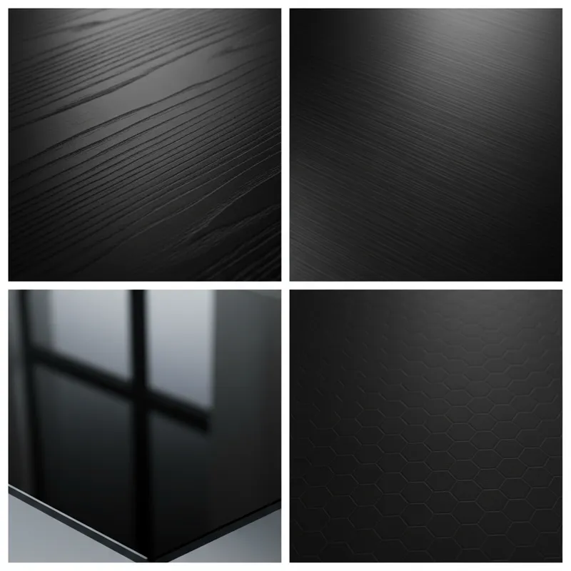 A collage of close-up textures: a smooth black wood grain, a glossy black metal, a black tempered glass surface, and a black laminate with a subtle pa