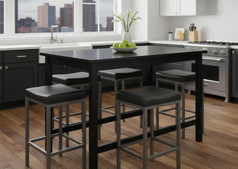 Modern black high top kitchen table with sleek design, perfect for small dining spaces or a breakfast nook.