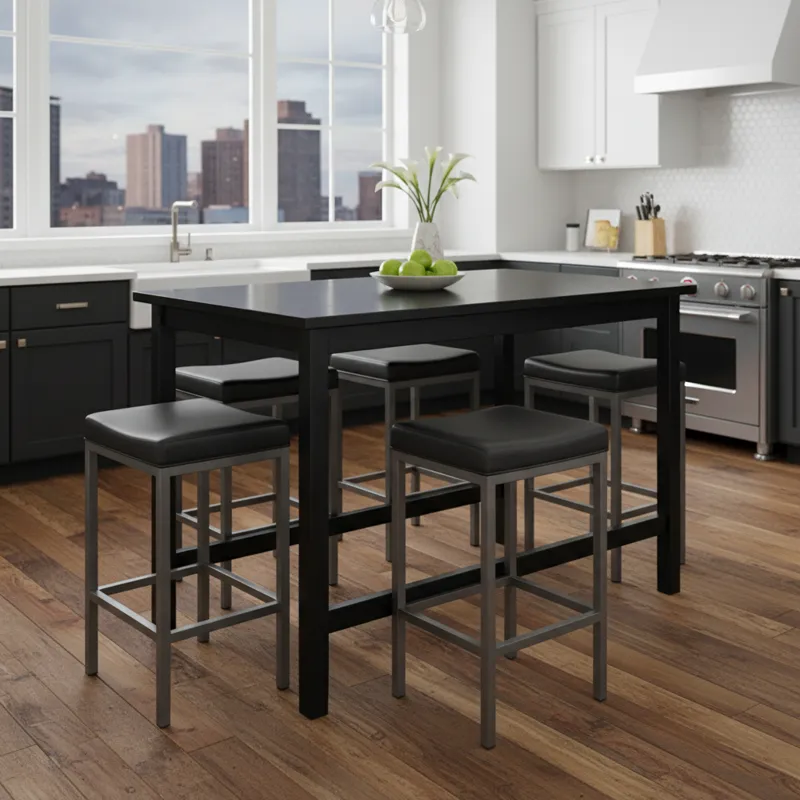 Modern black high top kitchen table with sleek design, perfect for small dining spaces or a breakfast nook.