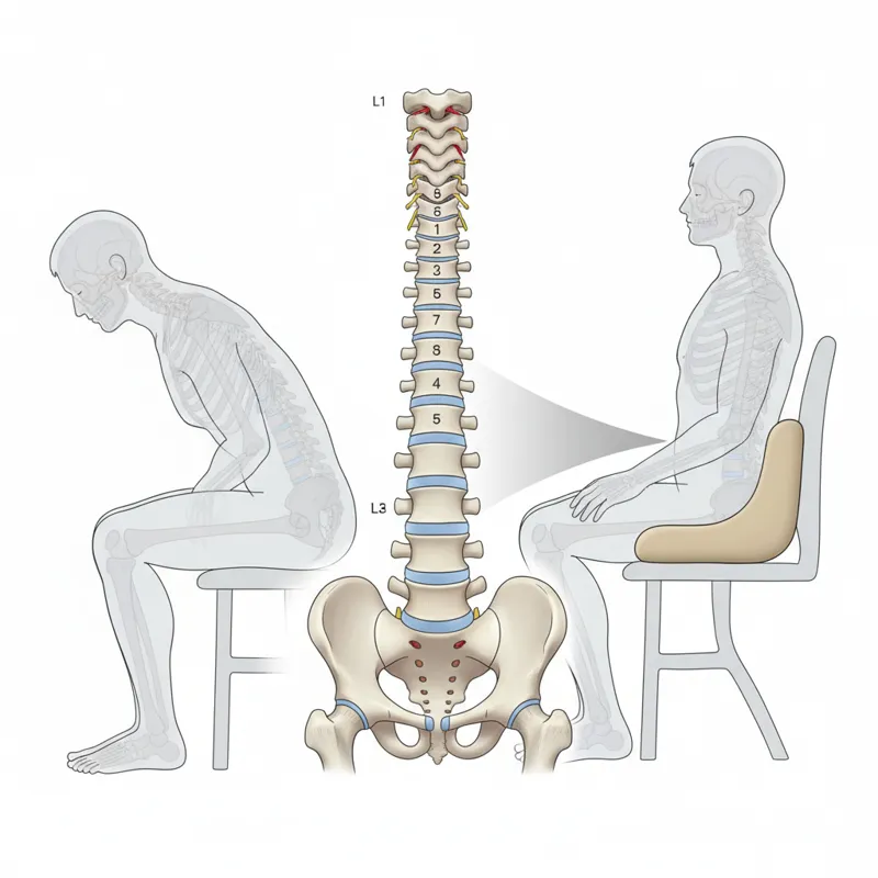 A detailed anatomical diagram of the human spine, highlighting the lumbar region and its natural curvature. One side of the diagram shows a spine in a