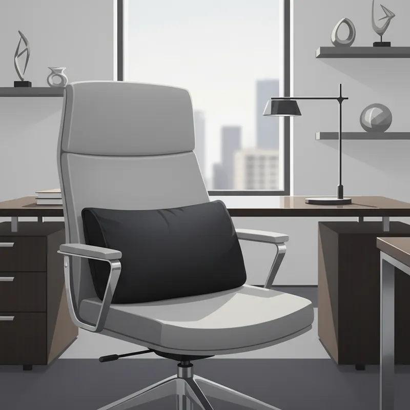 A sleek, modern black lumbar pillow placed on a contemporary grey office chair in a minimalist office setting. The room features a dark wood desk and