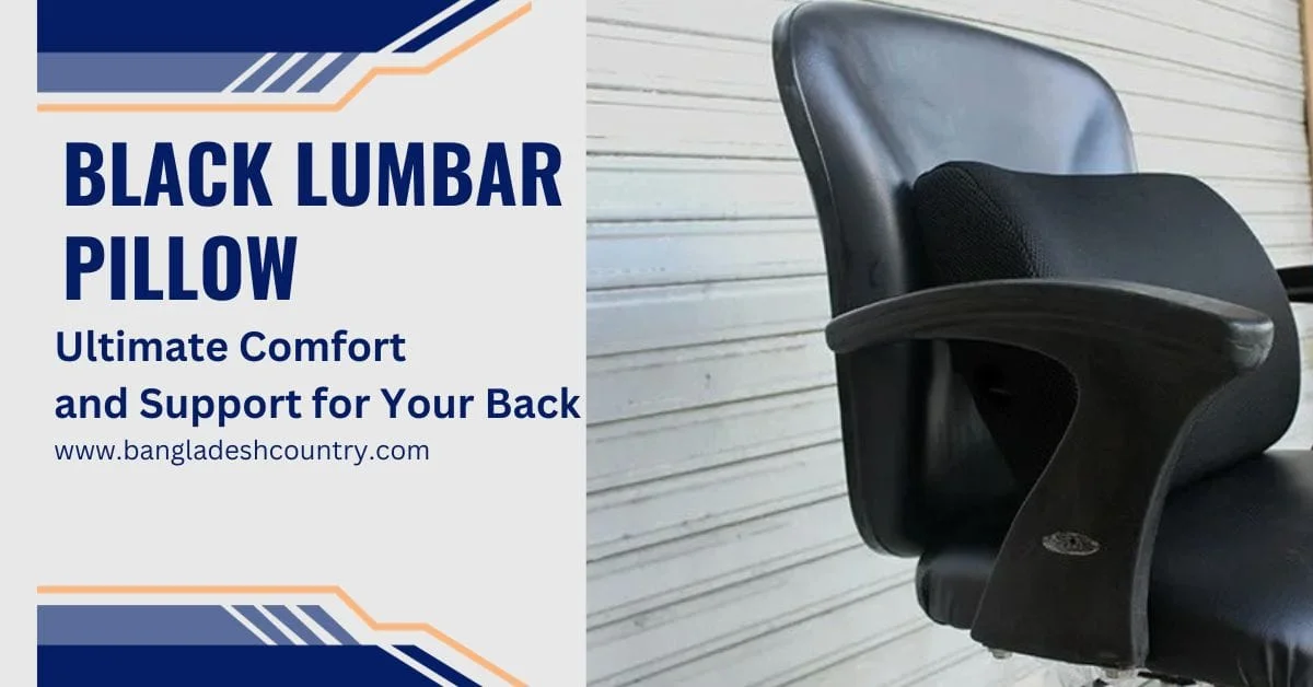 A black lumbar support pillow attached to a black office chair, with text overlay promoting 'BLACK LUMBAR PILLOW Ultimate Comfort and Support for Your Back'.