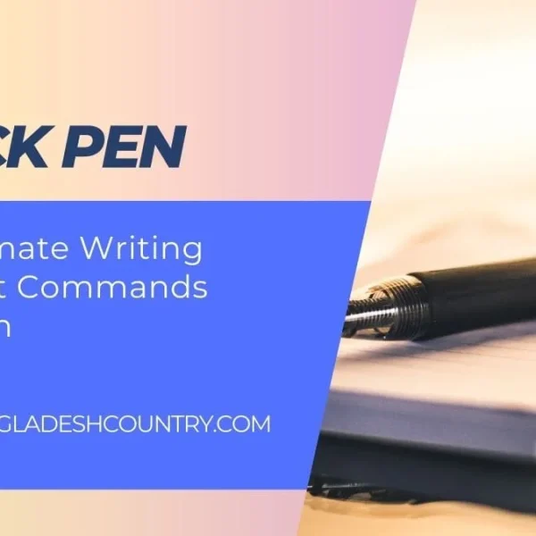 A black pen resting on an open notebook with lined paper. The image includes a text overlay 'BLACK PEN: The Ultimate Writing Tool That Commands Attention' and a website 'WWW.BANGLADESHCOUNTRY.COM'.