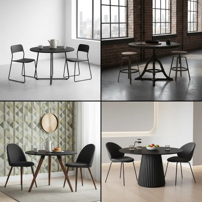A collage showing four different styles of black round breakfast tables: one minimalist with thin metal legs, one industrial with a heavy wood top and