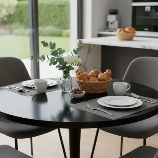 Sleek black round breakfast table with a modern design, ready for a meal.