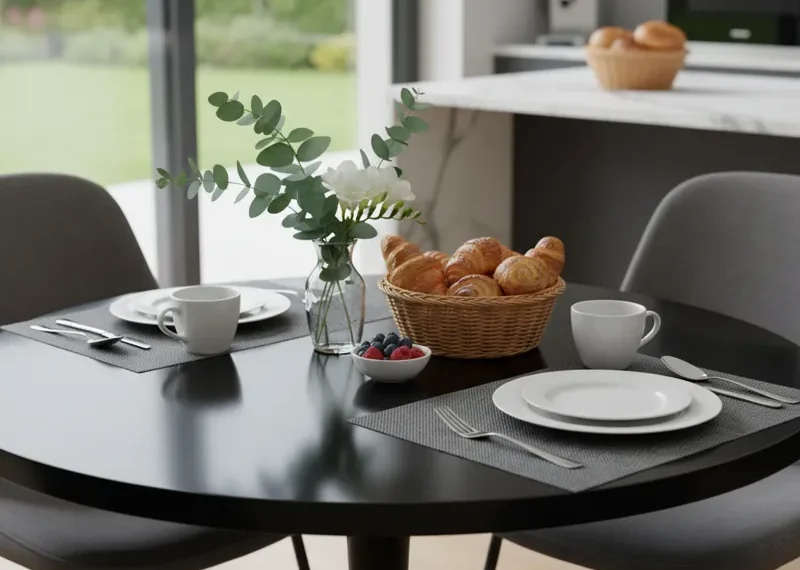 Sleek black round breakfast table with a modern design, ready for a meal.