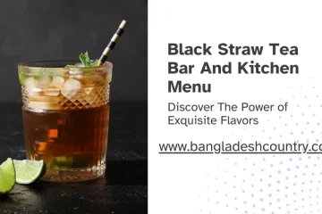 A promotional graphic for Black Straw Tea Bar and Kitchen. It features a glass of iced tea with mint and lime next to text that reads: 'Black Straw Tea Bar and Kitchen Menu. Discover The Power of Exquisite Flavors.'