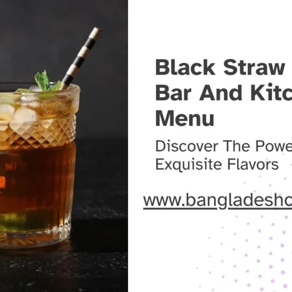 A promotional graphic for Black Straw Tea Bar and Kitchen. It features a glass of iced tea with mint and lime next to text that reads: 'Black Straw Tea Bar and Kitchen Menu. Discover The Power of Exquisite Flavors.'