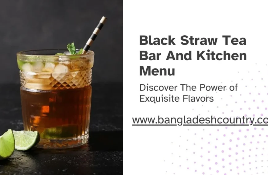 A promotional graphic for Black Straw Tea Bar and Kitchen. It features a glass of iced tea with mint and lime next to text that reads: 'Black Straw Tea Bar and Kitchen Menu. Discover The Power of Exquisite Flavors.'