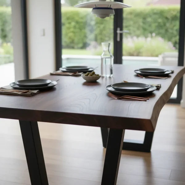 Solid black walnut dining table with a rich, dark finish and distinctive wood grain, featuring sturdy legs and a modern design.