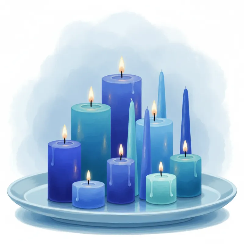A beautifully styled shot of various shades of blue candles (pillar, taper, votive) arranged aesthetically on a smooth, calming surface, perhaps with