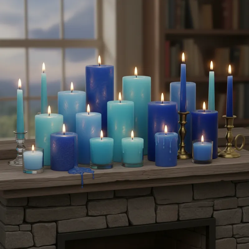 A diverse collection of blue candles showcasing a wide range of shades from very light sky blue to deep navy and indigo, arranged on a shelf or mantel