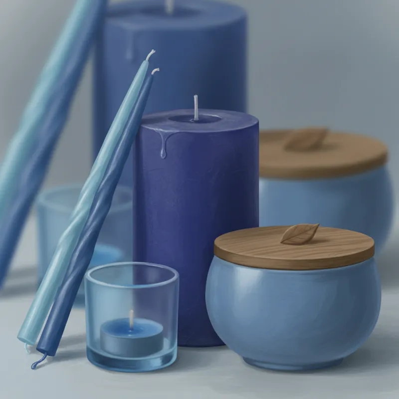 A close-up, artful arrangement of various blue candle forms: a sturdy pillar, slender taper, tiny votive in a glass holder, and a container candle wit