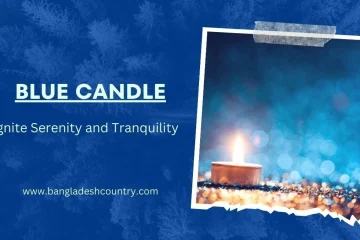A promotional image with a deep blue background featuring frosted tree branches. Bold white text reads 'BLUE CANDLE' above smaller text 'Ignite Serenity and Tranquility'. On the right, a photograph of a lit tealight candle on a sparkling surface with a blurred blue bokeh background is taped. The website 'www.bangladeshcountry.com' is displayed at the bottom.
