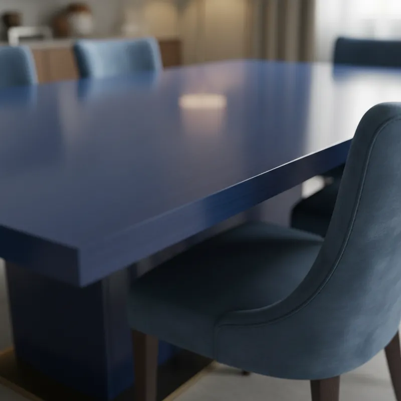 A close-up shot of a smooth, lacquered blue dining table surface, showing its reflective quality, with a subtle texture from the material. The corner