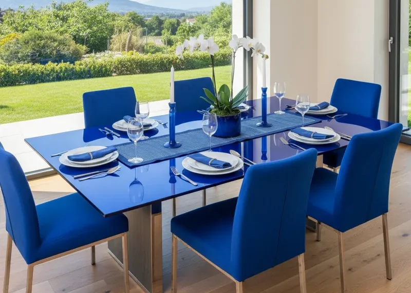 Modern blue dining table set with six coordinating chairs in a contemporary dining room setting