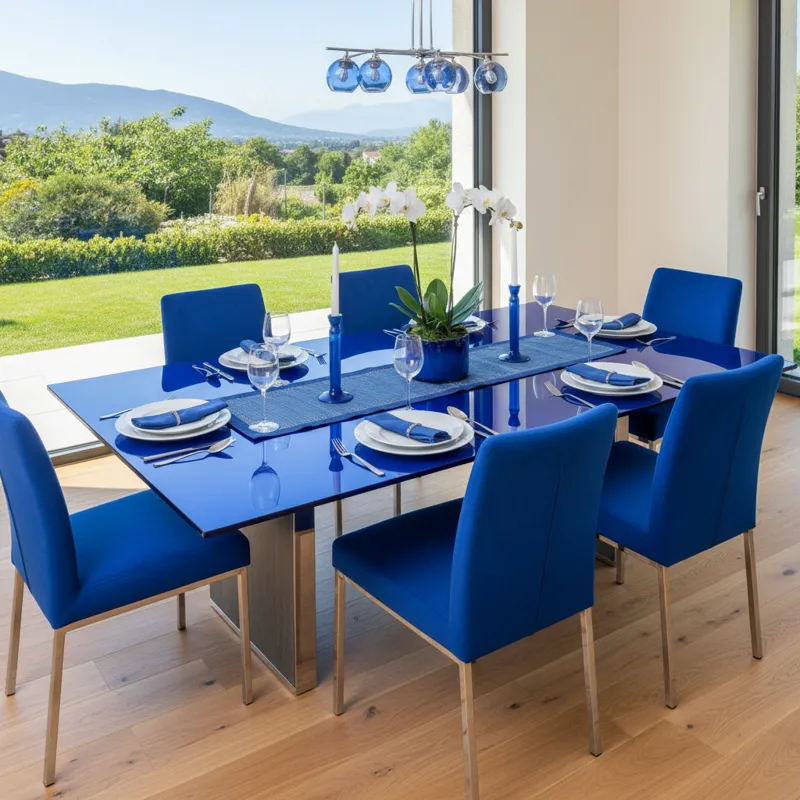 Modern blue dining table set with six coordinating chairs in a contemporary dining room setting