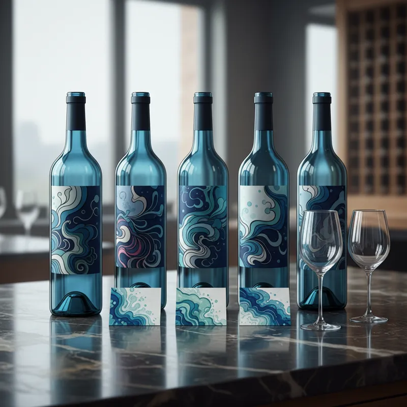 Five distinct blue wine bottles, each with unique labels, lined up on a polished countertop with tasting notes cards in front of them and wine glasses