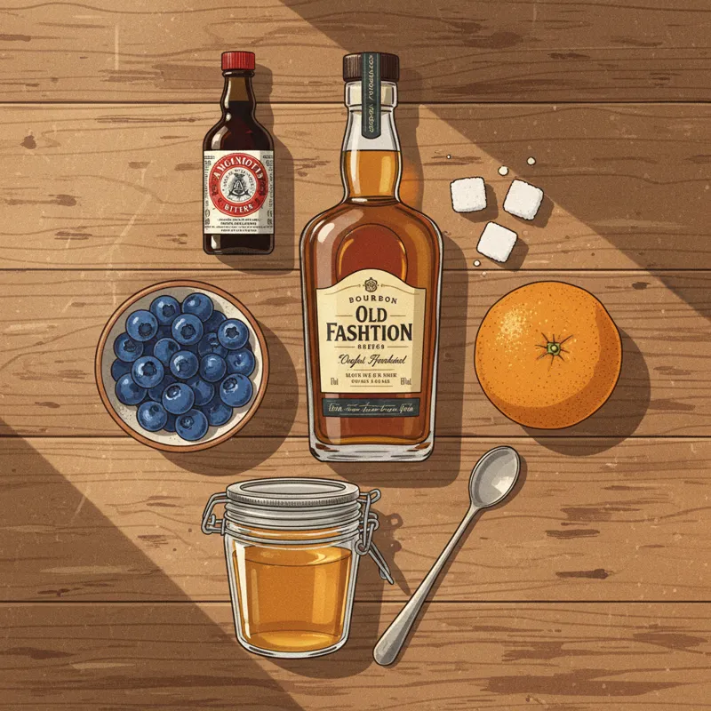 A flat lay of classic Old Fashioned ingredients: a bottle of bourbon, a bowl of fresh blueberries, an orange, a bottle of Angostura bitters, and a jar