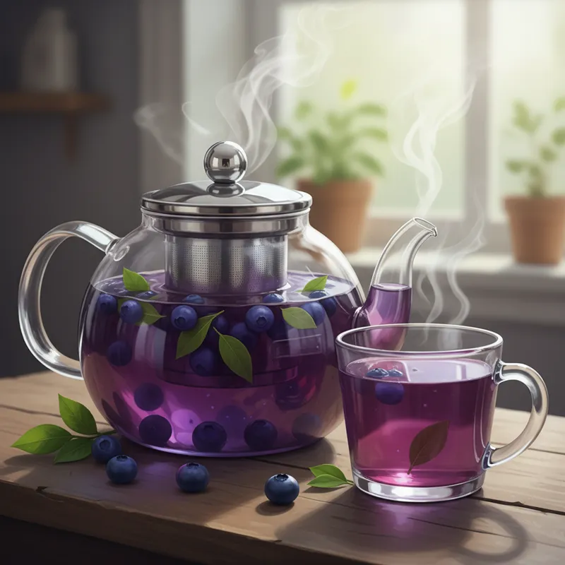 A beautiful, clear glass teapot filled with hot blueberry tea, with whole blueberries and some green blueberry leaves floating inside. Steam is rising
