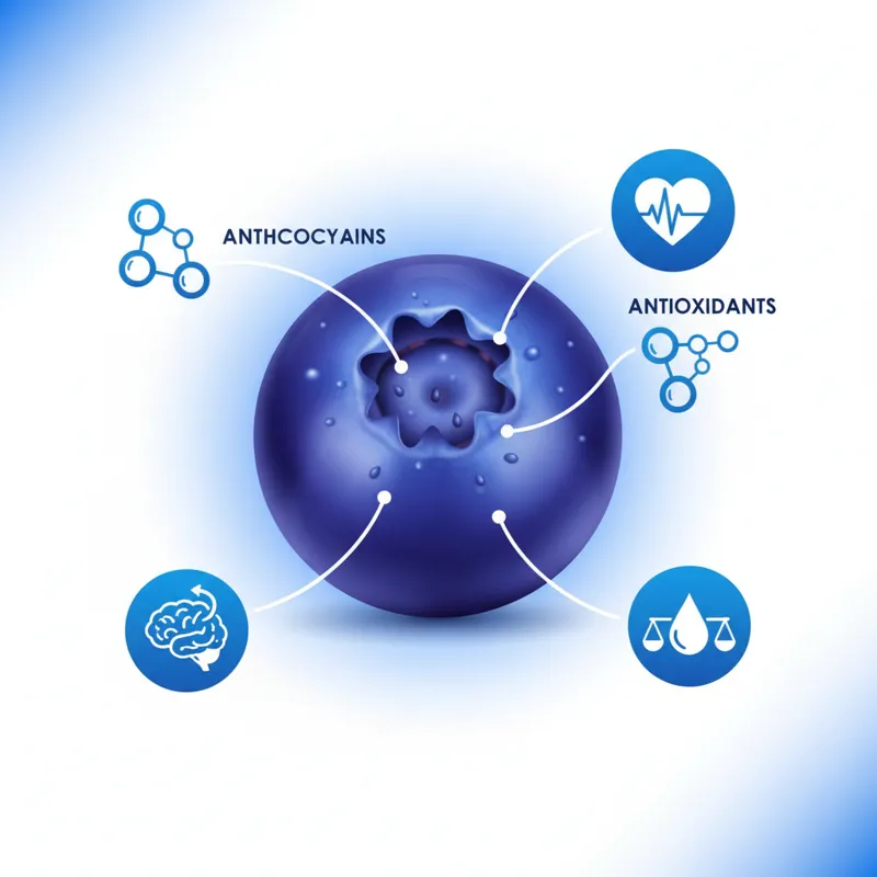 An infographic-style image showing a cross-section of a blueberry, with lines pointing to chemical compounds like anthocyanins and antioxidants. Icons