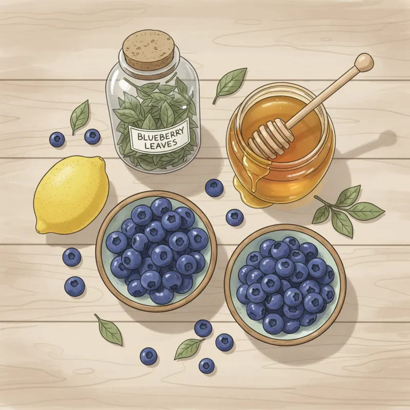 A top-down shot of a kitchen counter with ingredients for making blueberry tea. A small bowl of fresh blueberries, a bowl of dried blueberries, a jar