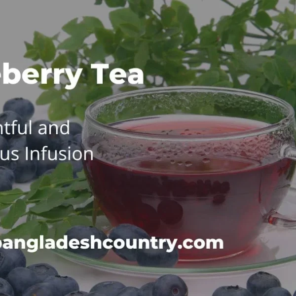 A clear glass cup of red blueberry tea sits on a saucer, surrounded by fresh blueberries and the green leaves of a blueberry plant.