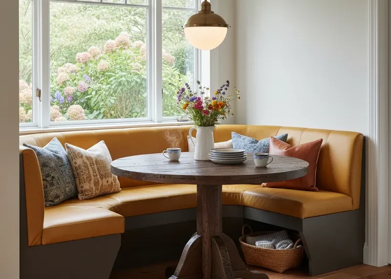 Modern L-shaped booth kitchen table set with light grey upholstered banquette seating and a wooden tabletop, ideal for a cozy breakfast nook or space-saving dining area.