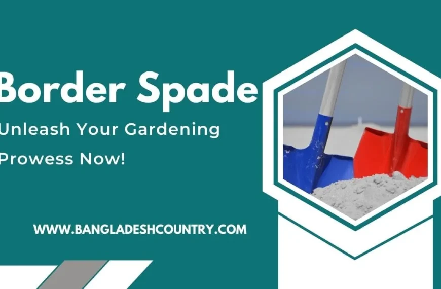 Advertisement for Border Spade gardening tools. The image features a blue and a red border spade stuck in a pile of soil, framed in a white hexagon, on a teal background. Large white text reads 'Border Spade' and 'Unleash Your Gardening Prowess Now!', with 'WWW.BANGLADESHCOUNTRY.COM' at the bottom.