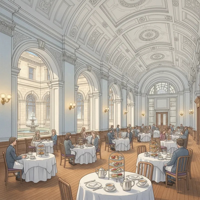 A wide-angle interior shot of the Courtyard Tea Room at the Boston Public Library during the day. The room features high barrel-vaulted ceilings, whit