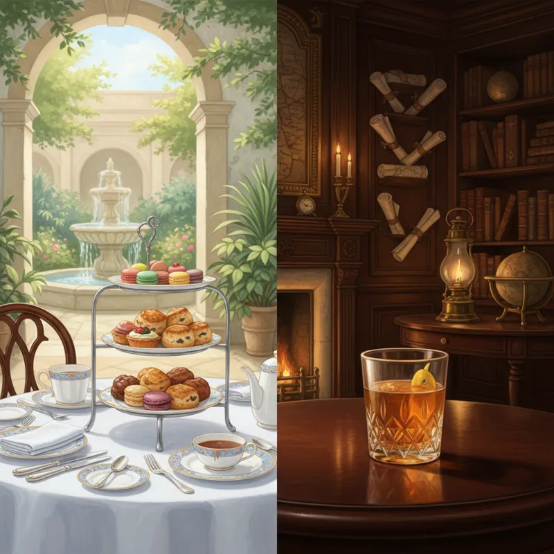 A split composition image. On the left, a bright, formal table setting with a three-tiered silver stand filled with pastries and scones in a sunlit ro