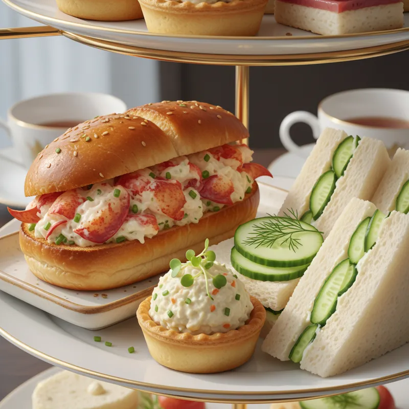 A close-up, high-resolution shot of the savory tier of a tea stand. The focus is on a lobster roll on a brioche bun, a cucumber sandwich with precise
