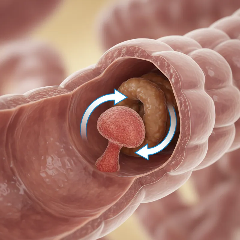 A close-up, semi-transparent view of a section of the colon, showing a small polyp or early-stage tumor obstructing a portion of the inner lumen, with